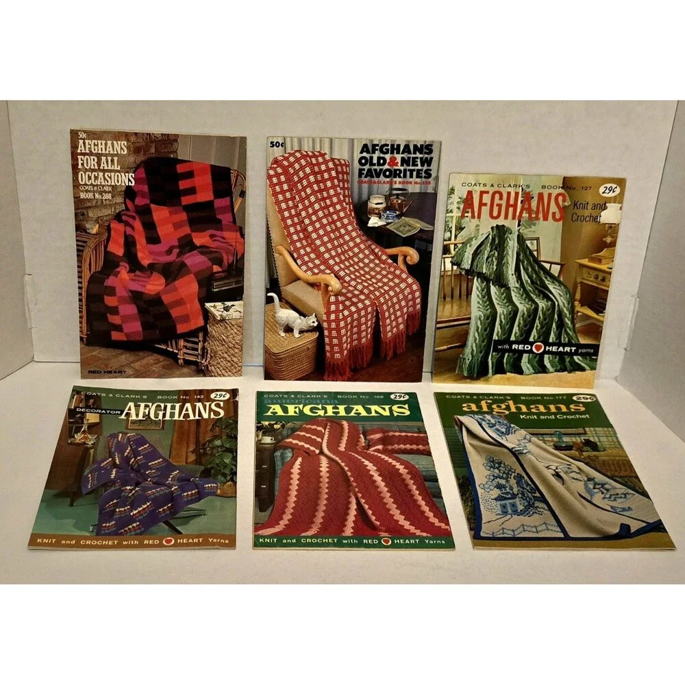 6 Afghan Knit & Crochet Booklets Vintage Coates & Clark's Americana Red Heart #5